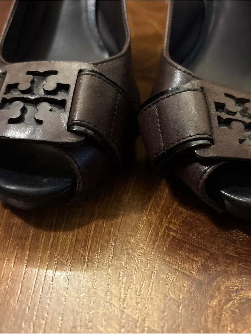 Tory Burch Brown Leather Peep-Toe Slingback Heels